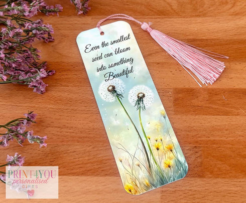 Personalised Dandelion Bookmark with Tassel – Aluminium – Motivational Gifts – Kids Gift – 15.2x3.7cm